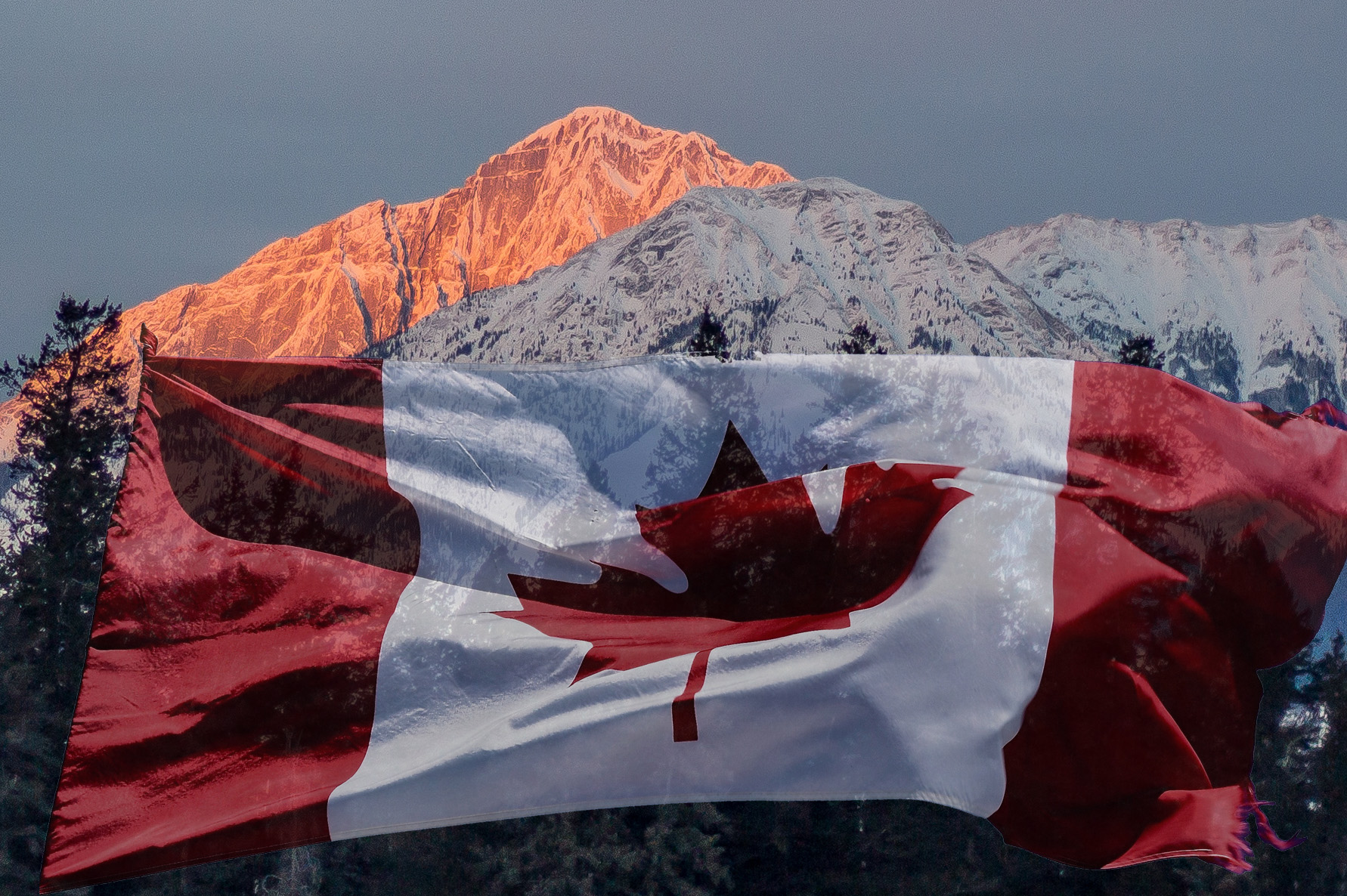 Canada Flag and Mountain Sunset